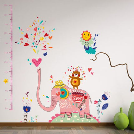 Cute Pink Elephant Height Chart Wall Sticker - Heart Bear Growth Tracker Decal for Nursery & Kids Playroom