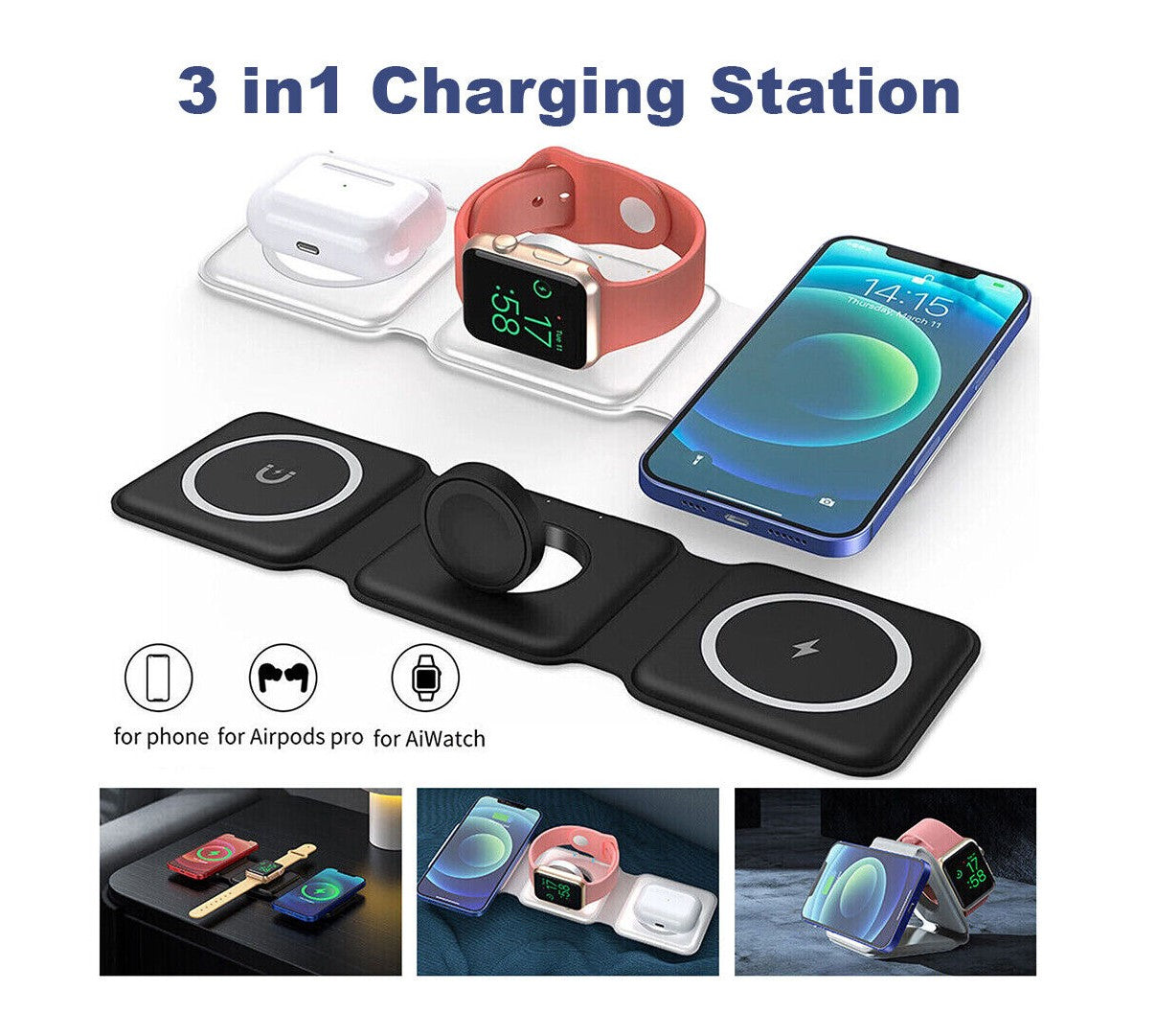 WALKNTALK 3 in 1 Wireless Charging Station Travel Charger iPhone AirPods iWatch