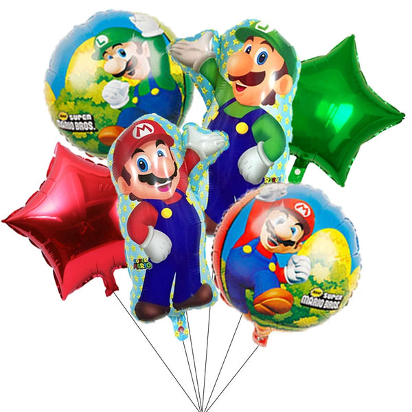 6PCS Super Mario Brothers & Luigi Foil Birthday Party Foil Balloons Decorations