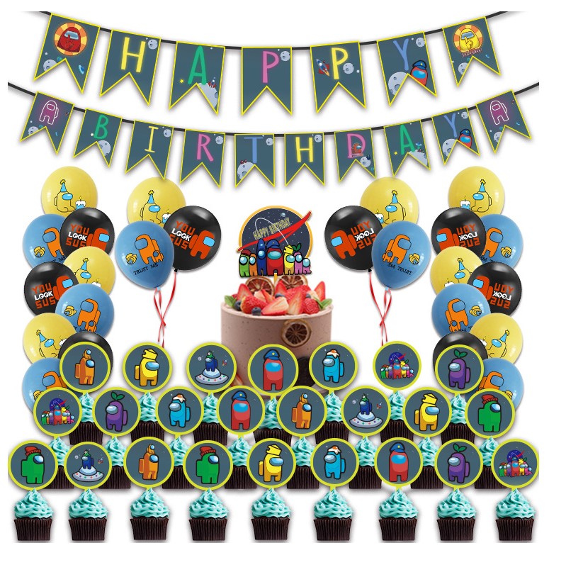 Set of Among Us Game Kids Birthday Party Supplies Balloons Banner Cupcake Topper