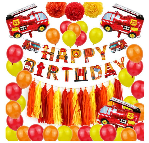 Firetruck Helium Foil Balloons Happy Birthday Set Kids Party Decorations