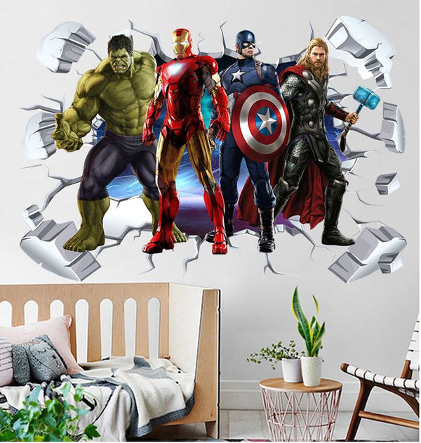 3D Wall Stickers Removable The Avengers Superhero Broken Wall Kid Boy Room Decal