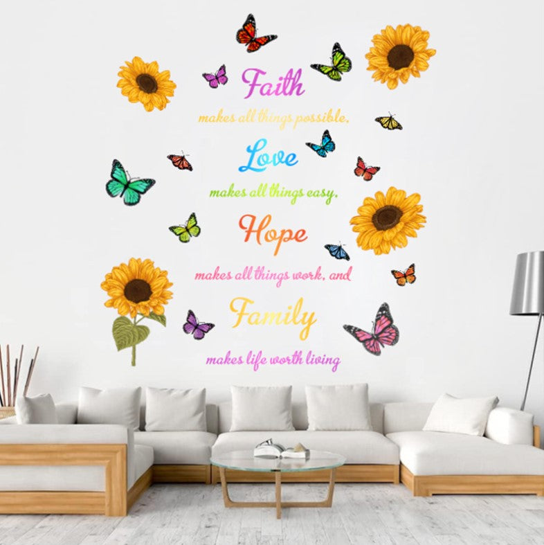 Wall Stickers Removable Faith Love Hope Family Sunflower Butterfly Room Decal