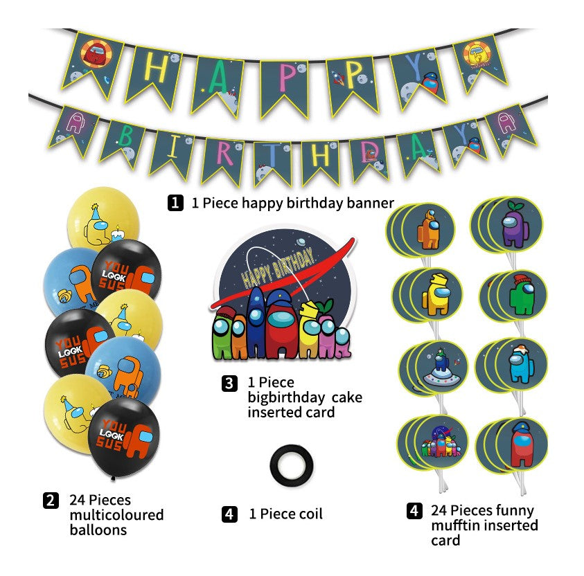 Set of Among Us Game Kids Birthday Party Supplies Balloons Banner Cupcake Topper