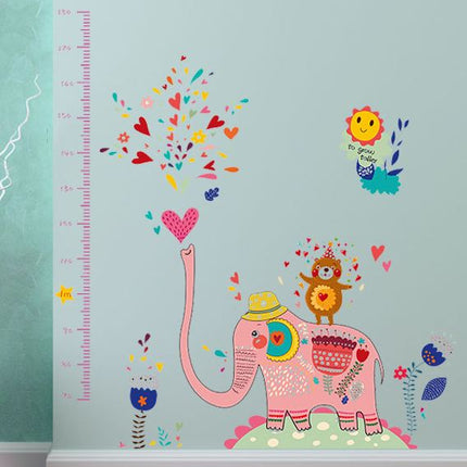Cute Pink Elephant Height Chart Wall Sticker - Heart Bear Growth Tracker Decal for Nursery & Kids Playroom