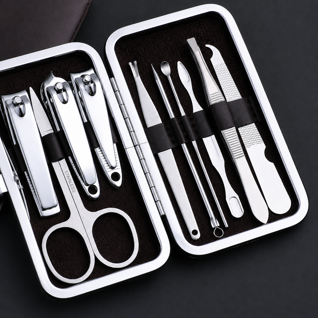 10PCS Stainless Steel Nail Clipper Set – Manicure Pedicure Kit with Travel Case
