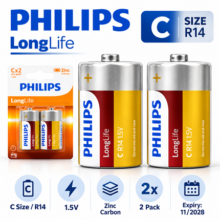 Philips LongLife Size Zinc Carbon C Batteries 1.5V R14 – 2 Pack