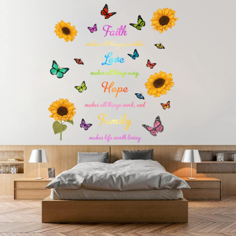 Wall Stickers Removable Faith Love Hope Family Sunflower Butterfly Room Decal
