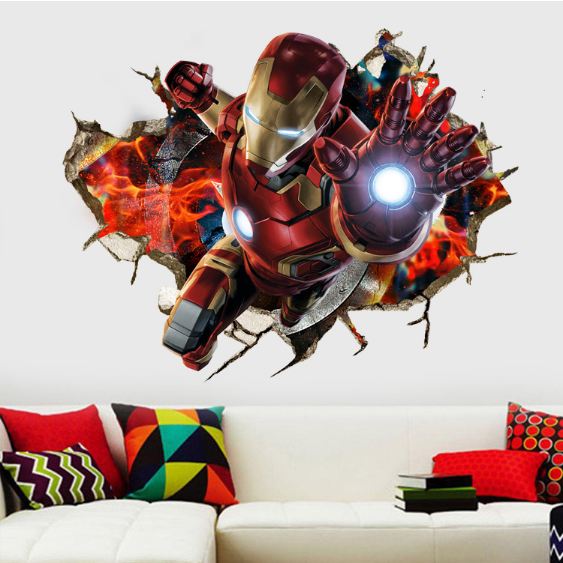 3D Wall Stickers Removable The Avengers Ironman Broken Wall Kid Boy Room