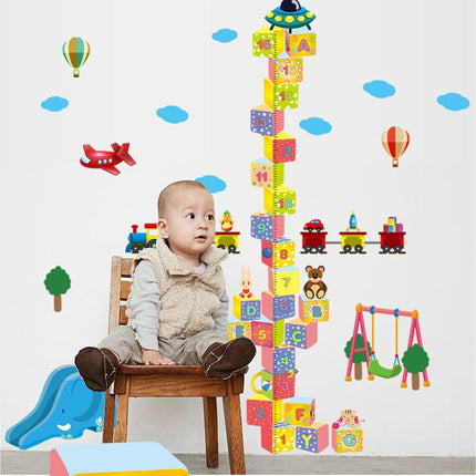 3D Building Blocks Height Chart Wall Sticker - Toy Train & Airplane Growth Tracker Decal for Kids Playroom - Go2buy Australia