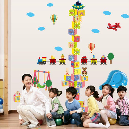 3D Building Blocks Height Chart Wall Sticker - Toy Train & Airplane Growth Tracker Decal for Kids Playroom - Go2buy Australia