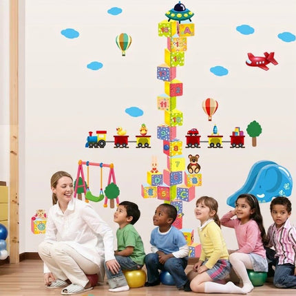 3D Building Blocks Height Chart Wall Sticker - Toy Train & Airplane Growth Tracker Decal for Kids Playroom - Go2buy Australia