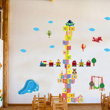 3D Building Blocks Height Chart Wall Sticker - Toy Train & Airplane Growth Tracker Decal for Kids Playroom - Go2buy Australia