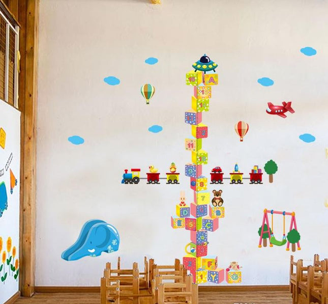 3D Building Blocks Height Chart Wall Sticker - Toy Train & Airplane Growth Tracker Decal for Kids Playroom - Go2buy Australia