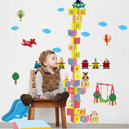 3D Building Blocks Height Chart Wall Sticker - Toy Train & Airplane Growth Tracker Decal for Kids Playroom - Go2buy Australia