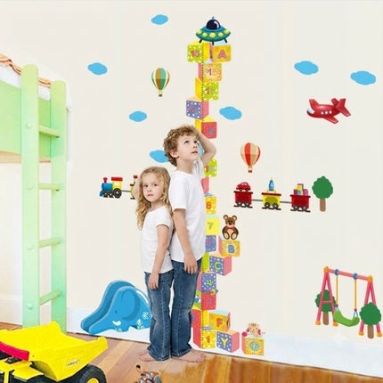 3D Building Blocks Height Chart Wall Sticker - Toy Train & Airplane Growth Tracker Decal for Kids Playroom - Go2buy Australia