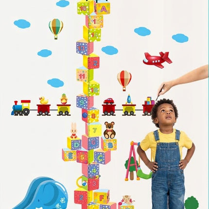 3D Building Blocks Height Chart Wall Sticker - Toy Train & Airplane Growth Tracker Decal for Kids Playroom - Go2buy Australia