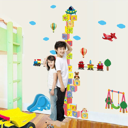 3D Building Blocks Height Chart Wall Sticker - Toy Train & Airplane Growth Tracker Decal for Kids Playroom - Go2buy Australia