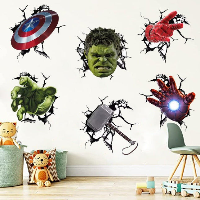 3D Marvel Avengers Wall Decals - Hulk, Thor’s Hammer & Captain America Shield Sticker Set - Go2buy Australia