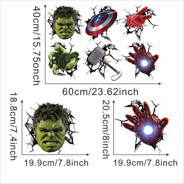 3D Marvel Avengers Wall Decals - Hulk, Thor’s Hammer & Captain America Shield Sticker Set - Go2buy Australia