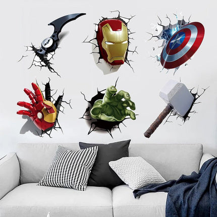 3D Superhero Wall Decals - Iron Man, Thor Hammer & Captain America Shield "Wall Burst" Set - Go2buy Australia