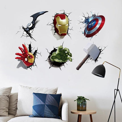 3D Superhero Wall Decals - Iron Man, Thor Hammer & Captain America Shield "Wall Burst" Set - Go2buy Australia