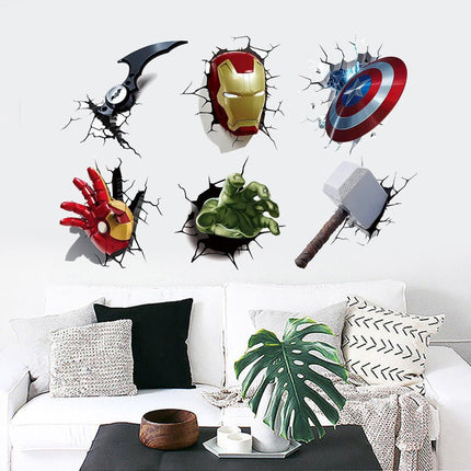 3D Superhero Wall Decals - Iron Man, Thor Hammer & Captain America Shield "Wall Burst" Set - Go2buy Australia