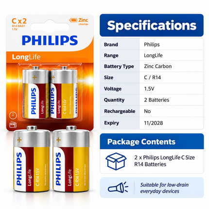 Philips LongLife Size Zinc Carbon C Batteries 1.5V R14 – 2 Pack