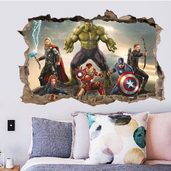 3D Wall Stickers Removable The Avengers Superhero Broken Wall Kid Boy Room Decal