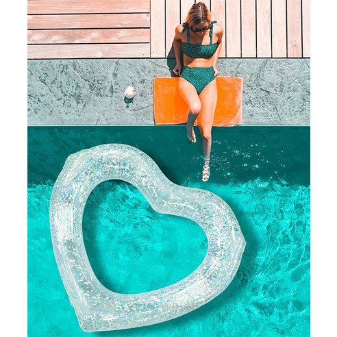 2 Sizes Inflatable Pool Float Swim Ring Heart Shape White Glitter