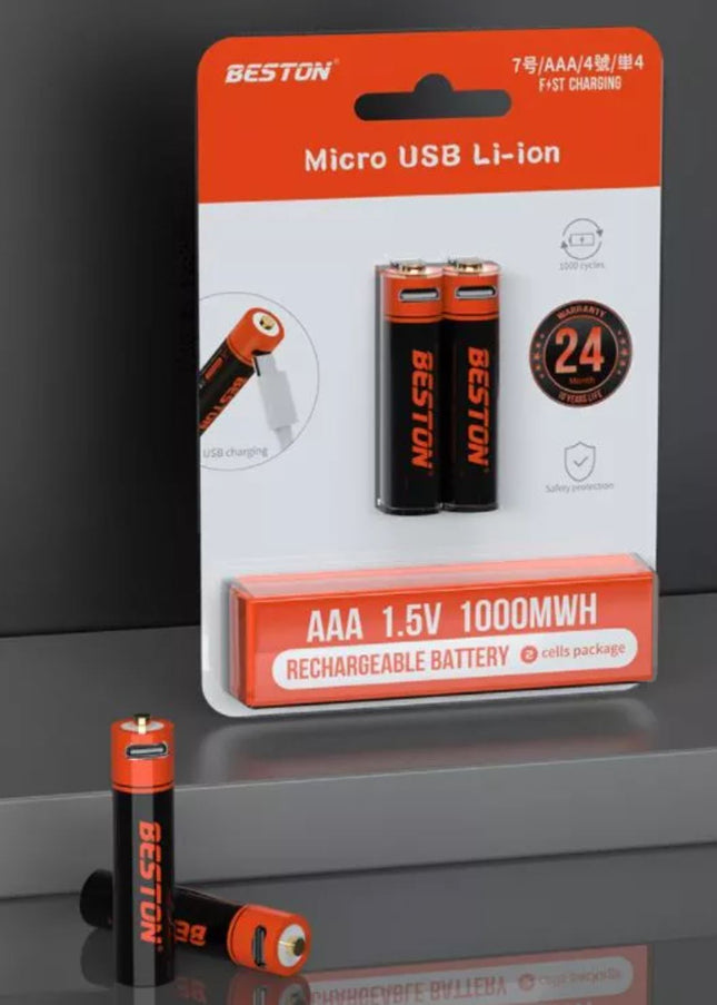 BESTON 2-Pack AAA Rechargeable Li-ion Batteries - 1000mWh 1.5V Constant Output