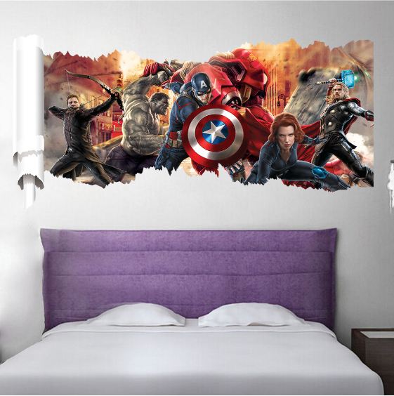 3D Wall Stickers Removable The Avengers Superhero Broken Wall Kid Boy Room Decal