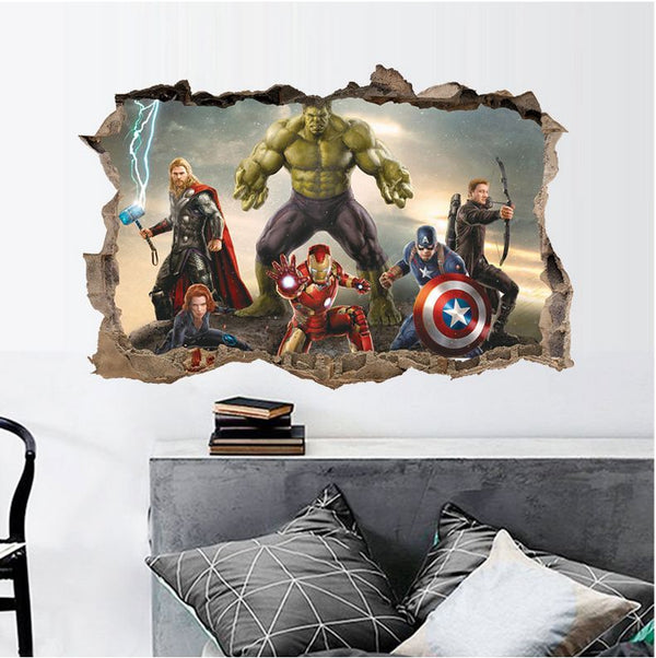 3D Wall Stickers Removable The Avengers Superhero Broken Wall Kid Boy Room Decal