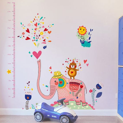 Cute Pink Elephant Height Chart Wall Sticker - Heart Bear Growth Tracker Decal for Nursery & Kids Playroom