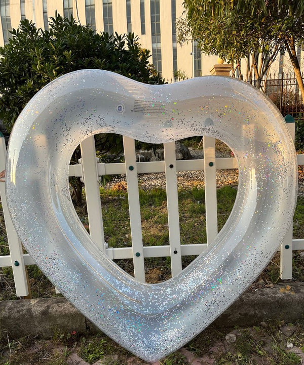 2 Sizes Inflatable Pool Float Swim Ring Heart Shape White Glitter