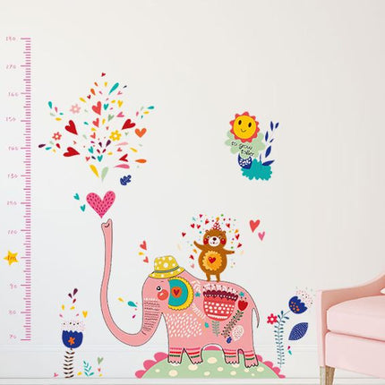 Cute Pink Elephant Height Chart Wall Sticker - Heart Bear Growth Tracker Decal for Nursery & Kids Playroom