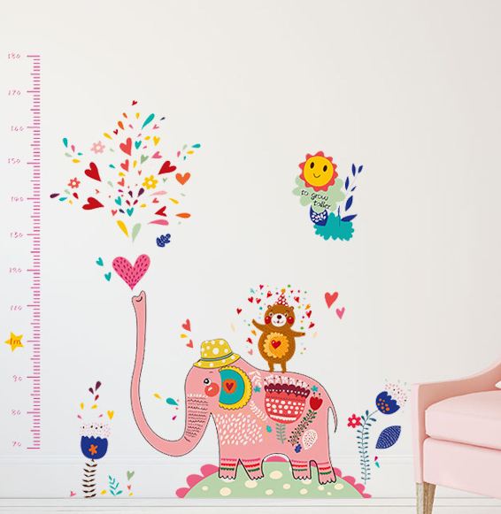 Cute Pink Elephant Height Chart Wall Sticker - Heart Bear Growth Tracker Decal for Nursery & Kids Playroom
