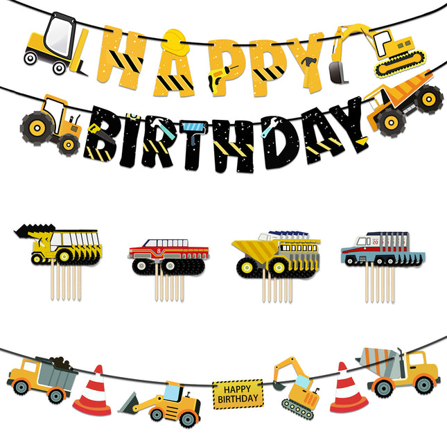 Construction Birthday Party Decoration Set – 3 Banners & 24 Cake Toppers