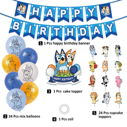Bluey Birthday Party Decoration Set – Banner, Balloons & Cake Toppers (51 Pcs)