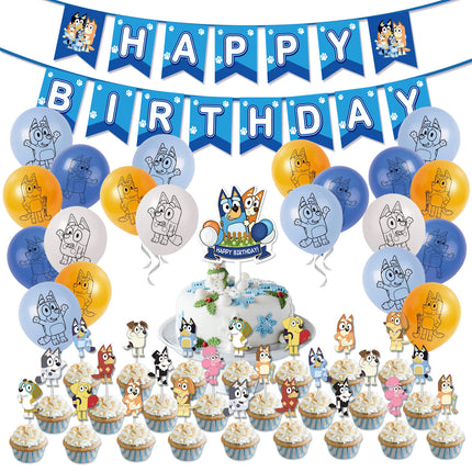 Bluey Birthday Party Decoration Set – Banner, Balloons & Cake Toppers (51 Pcs)