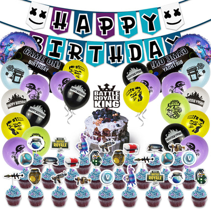 Fortnite Gaming Birthday Party Supplies Set – Banner, Foil Balloons & Toppers (55 Pcs)