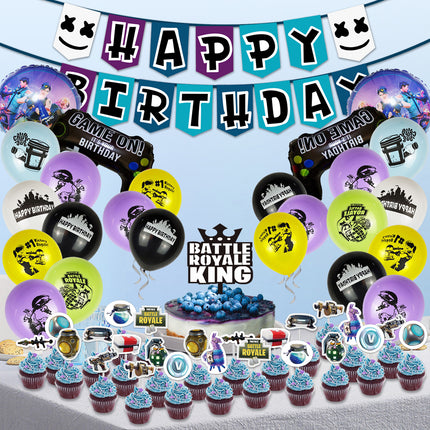 Fortnite Gaming Birthday Party Supplies Set – Banner, Foil Balloons & Toppers (55 Pcs)