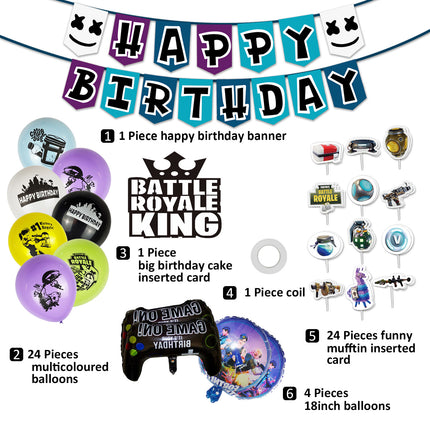Fortnite Gaming Birthday Party Supplies Set – Banner, Foil Balloons & Toppers (55 Pcs)