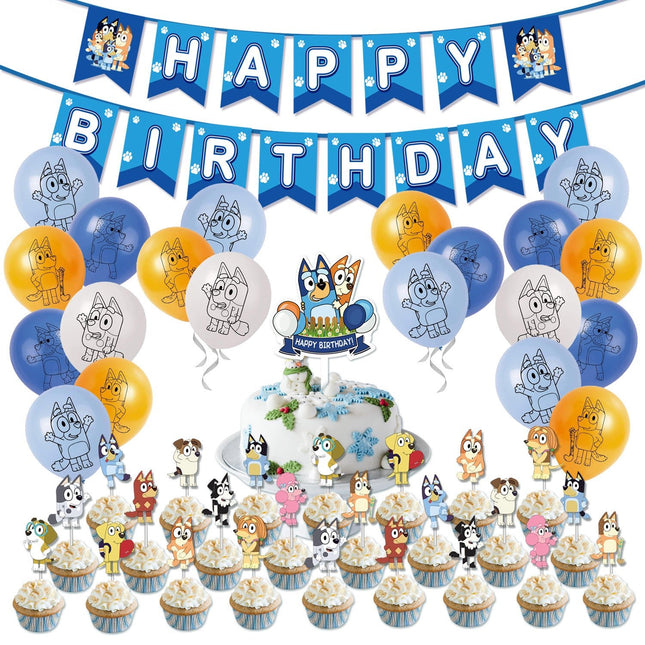 Bluey Birthday Party Decoration Set – Banner, Balloons & Cake Toppers (51 Pcs) - Go2buy Australia