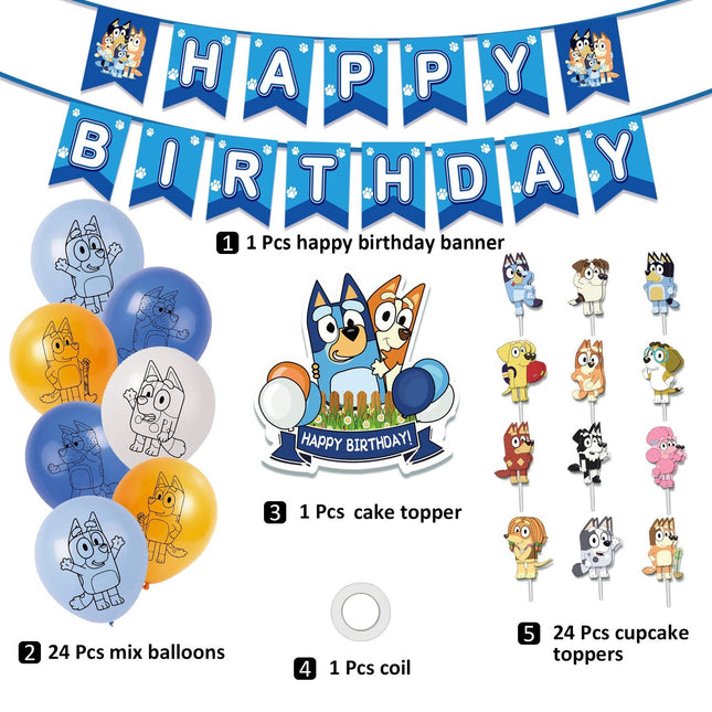 Bluey Birthday Party Decoration Set – Banner, Balloons & Cake Toppers (51 Pcs) - Go2buy Australia