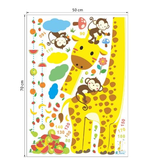 Cute Giraffe & Monkeys Kids Height Chart Wall Sticker - Fruit Party Growth Tracker Decal for Nursery - Go2buy Australia