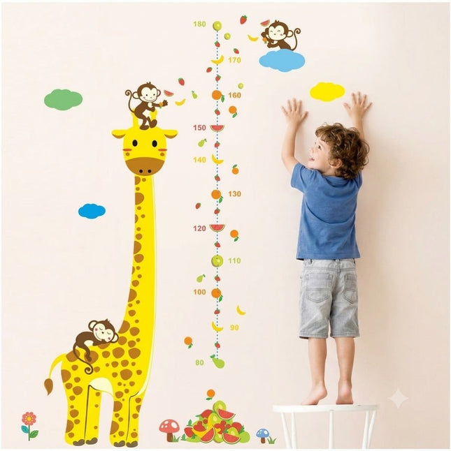 Cute Giraffe & Monkeys Kids Height Chart Wall Sticker - Fruit Party Growth Tracker Decal for Nursery - Go2buy Australia