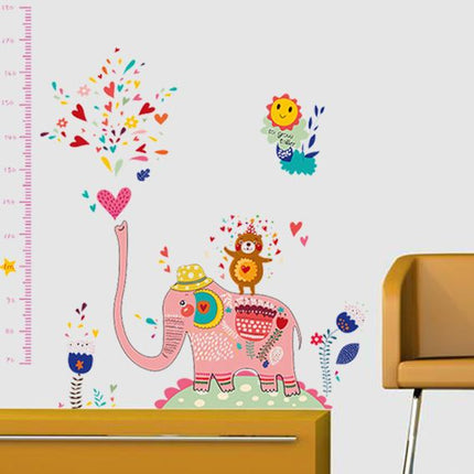 Cute Pink Elephant Height Chart Wall Sticker - Heart Bear Growth Tracker Decal for Nursery & Kids Playroom - Go2buy Australia