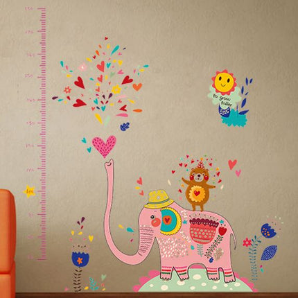 Cute Pink Elephant Height Chart Wall Sticker - Heart Bear Growth Tracker Decal for Nursery & Kids Playroom - Go2buy Australia