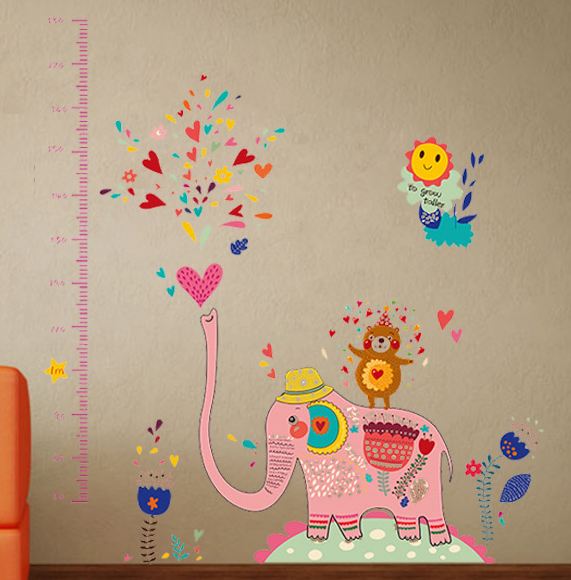 Cute Pink Elephant Height Chart Wall Sticker - Heart Bear Growth Tracker Decal for Nursery & Kids Playroom - Go2buy Australia